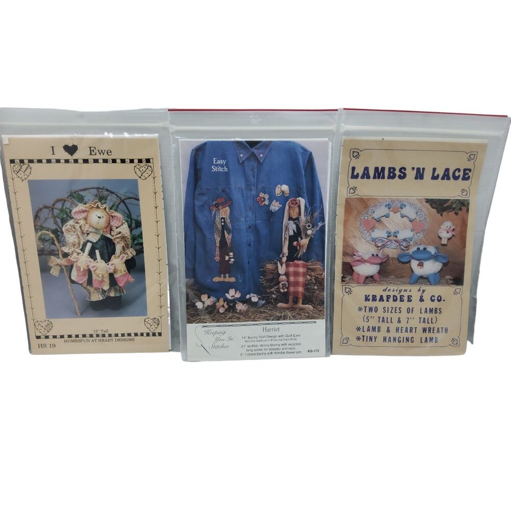 vintage 1980s set of 3 i ewe, harriet, lambs & lace stuffed animal patterns